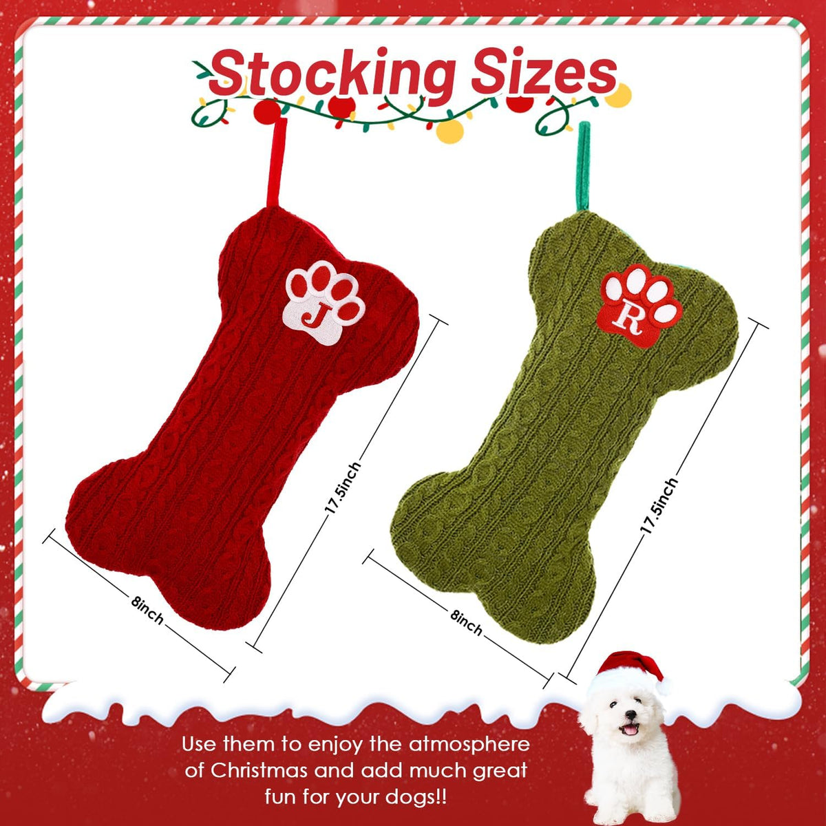 Dog Stocking with Initials，Bone Christmas Stocking with Letters,Large Knit Embroidered Monogram Christmas Stocking for Dogs Cats,Xmas Stockings for Pets Red M