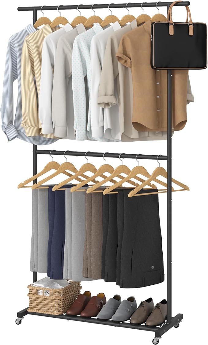 Sywhitta Double Rod Clothing Garment Rack, Rolling Coat Hanger with Bottom Mesh, Clothing Rack for Hanging Clothes, Coats, Skirts, Sweaters, Black