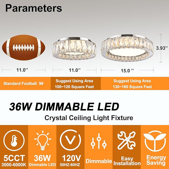 Modern K9 Crystal Dimmable LED Flush Mount Ceiling Light,15 Inch 36W/5CCT 3000K-6000K Luxury Chrome Round Close to Ceiling Lighting Fixtures for Living Room,Kitchen,Bedroom,Dining Room