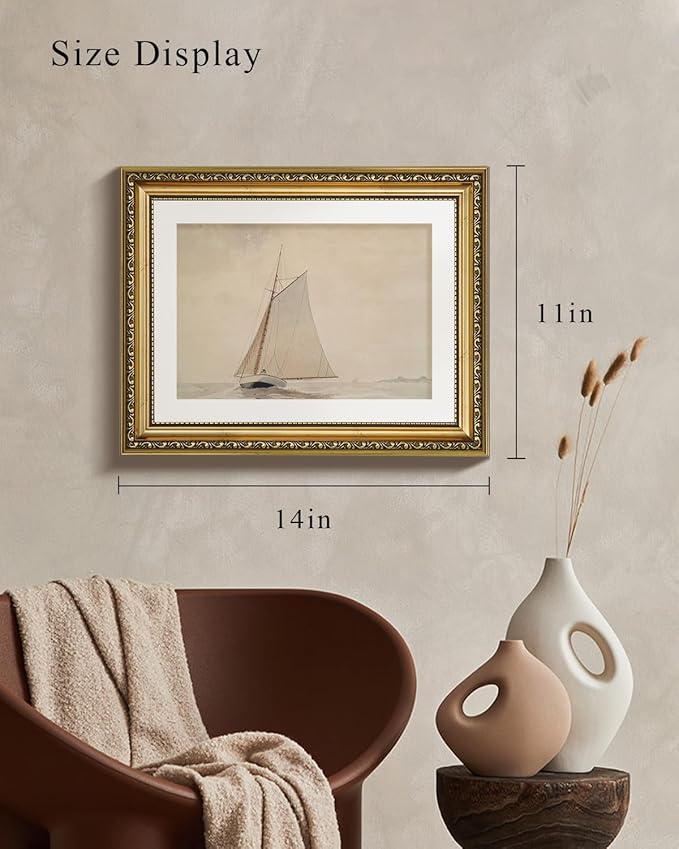 VIYYIEA Gold Framed Wall Art Canvas Print Home Decor for Living Room White Sailboat Seascape Watercolor Vintage Beach Painting on Canvas - Coastal Wall Art Prints for Bedroom Office Bathroom 11x14in