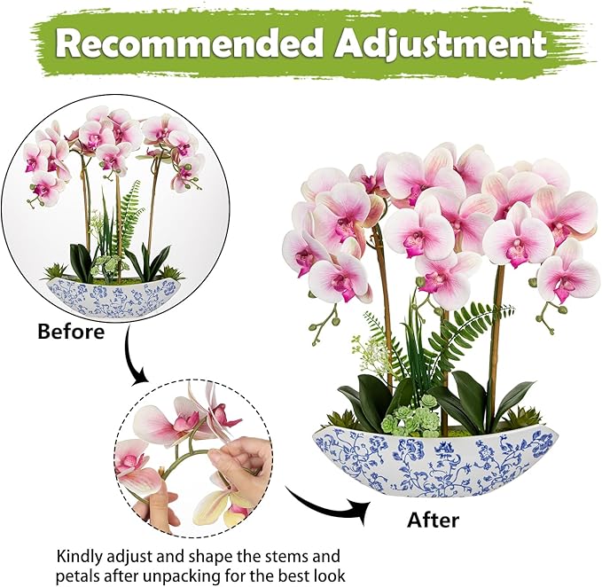 Briful Orchid Artificial Flowers 18in Pink Fake Orchid Silk Flowers with Blue and White Ceramic Pot Faux Phalaenopsis Arrangement for Home Office Room Dining Table Centerpiece Modern Decor