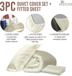 Pizuna 100% Cotton Twin 2 Pc Duvet Cover + 1 Pc Fitted Sheet Set 400 Thread Count Off White Sateen Weave Luxurious Long Staple Cotton 4 Piece Bedding Set -1 Duvet Cover, 1 Pillow Sham, 1 Fitted Sheet