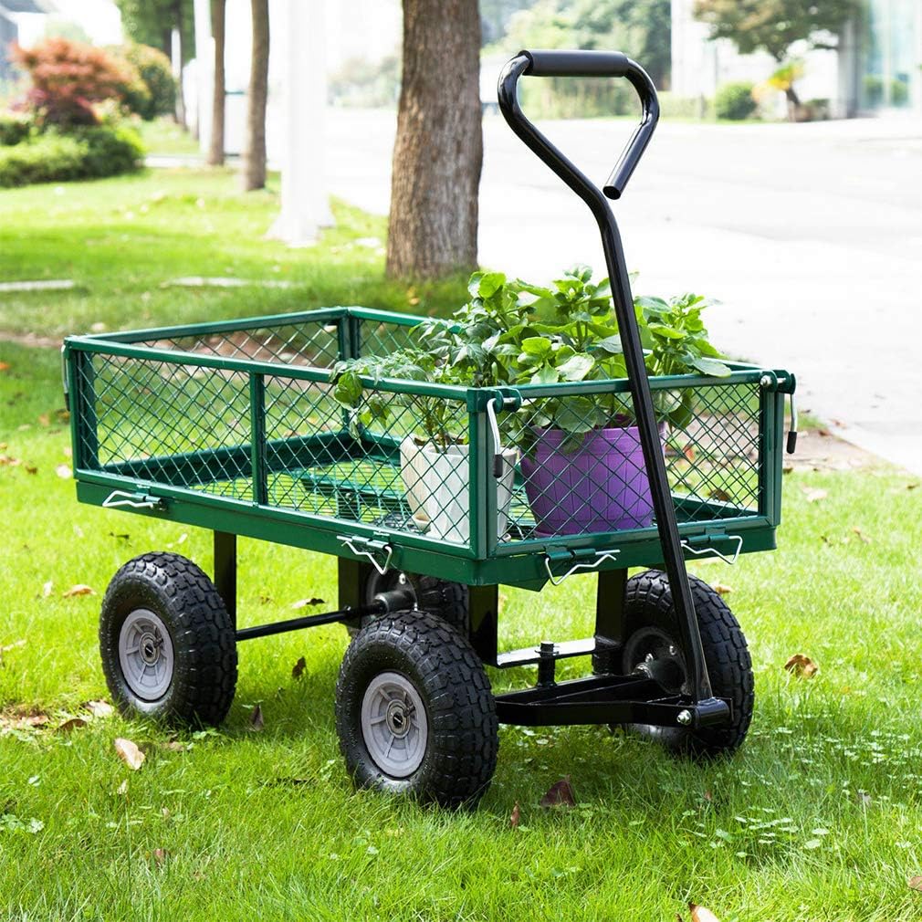 BestMassage Heavy Duty 500 Lbs Capacity Mesh Steel Garden Cart Folding Utility Wagon with Removable Sides for Beach Lawn Yard Landscape (Deep Green)