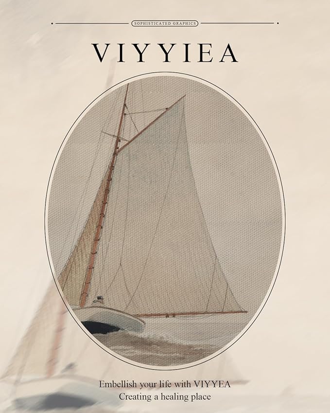 VIYYIEA Gold Framed Wall Art Canvas Print Home Decor for Living Room White Sailboat Seascape Watercolor Vintage Beach Painting on Canvas - Coastal Wall Art Prints for Bedroom Office Bathroom 13x16in