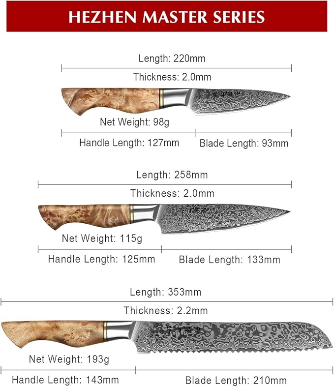 HEZHEN Damascus Kitchen Knives Set, Damascus Steel Japanese Style Chef Knife Utility Knife Santoku Knife,Figured Sycamore Wood Handle