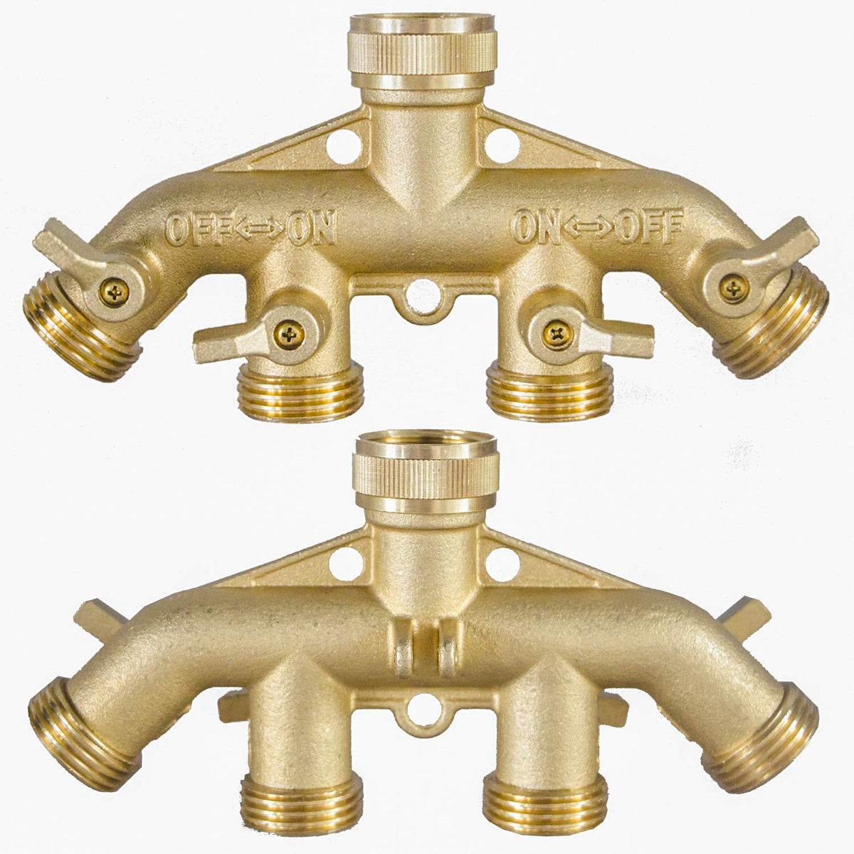 Hourleey Brass Garden Hose Splitter (4 Way), Solid Brass Hose Connector 3/4", Hose Spigot Adapter 4 Valves with 4 Extra Rubber Washers