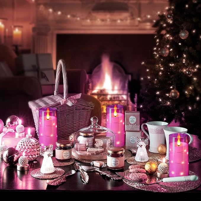 NURADA Flickering Flameless Candles: Built-in Star String Lights 3D Wick Acrylic Battery Operated LED Pillar Candles with Remote and Timer for Table Wedding Centerpieces Party 3 Pack Purple