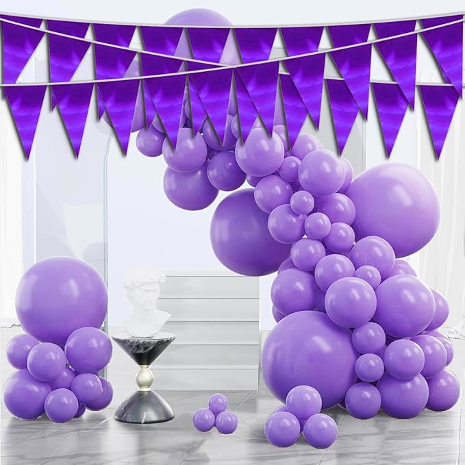 40M/130FT Purple Triangle Pennant Banner Flag Metallic Fabric Bunting Garland for Christmas Graduation Wedding Engagement Anniversary Bachelorette Birthday Bridal Shower Valentines Hen Party Supplies