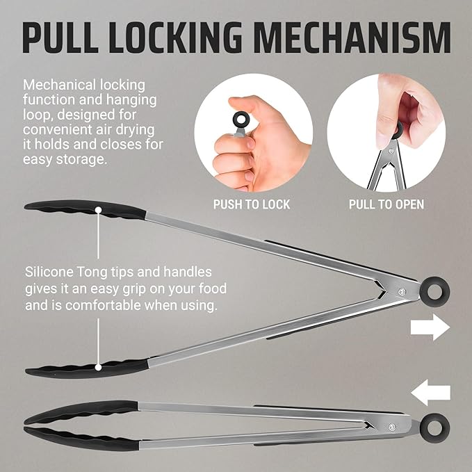 Kaluns Kitchen Tongs for Cooking Grilling Set of 4, BBQ Grill Tongs With Silicone Tip Stainless Steel Heat Resistant, Non-stick Pull Lock, Incl 7, 9, 12 Inch Tong Plus a Silicone Spatula