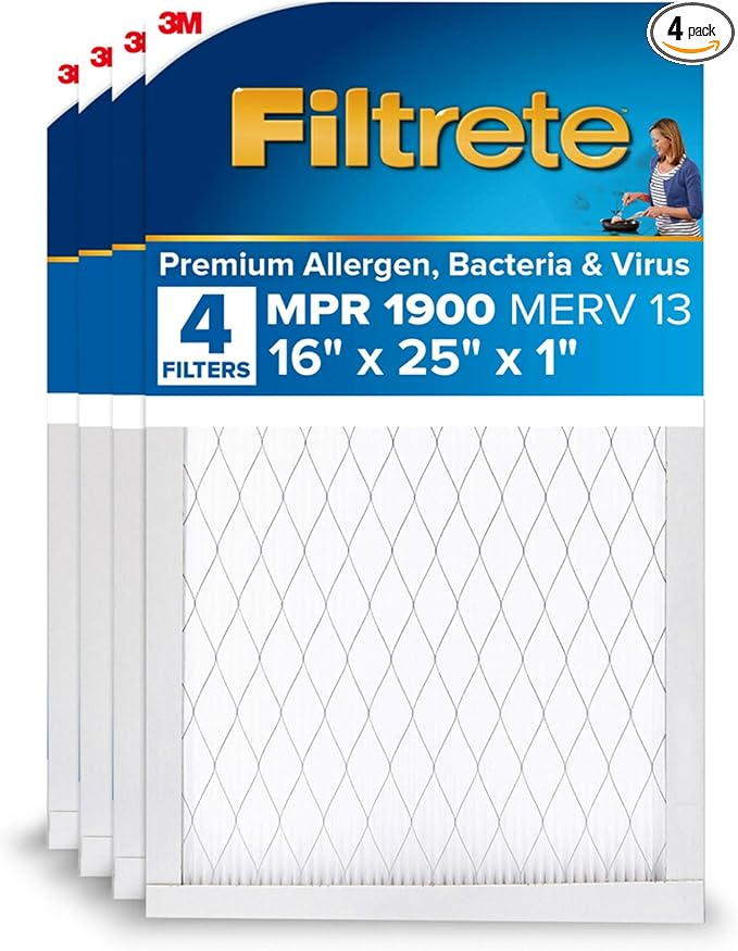 Filtrete 16x25x1 AC Furnace Air Filter, MERV 13, MPR 1900, Premium Allergen, Bacteria & Virus Filter, 3-Month Pleated 1-Inch Electrostatic Air Cleaning Filter, 4-Pack (Actual Size 15.69x24.69x0.78)