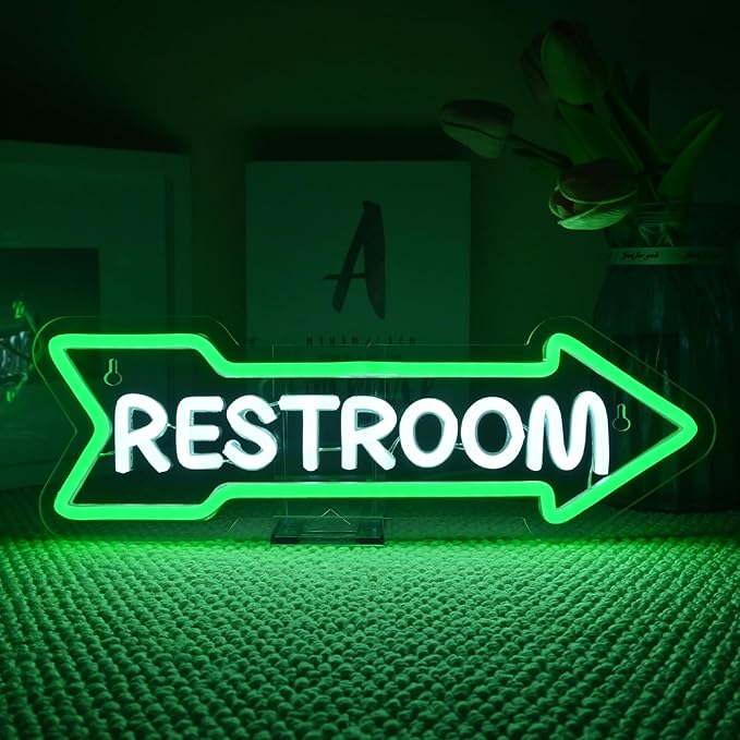 Looklight Restroom Arrow Neon Sign for Wall Decoration Right Arrow LED Light Sign Decor White and Green for Bathroom Hotels,Bars, Hospitals, Homes and Other Places with Toilets