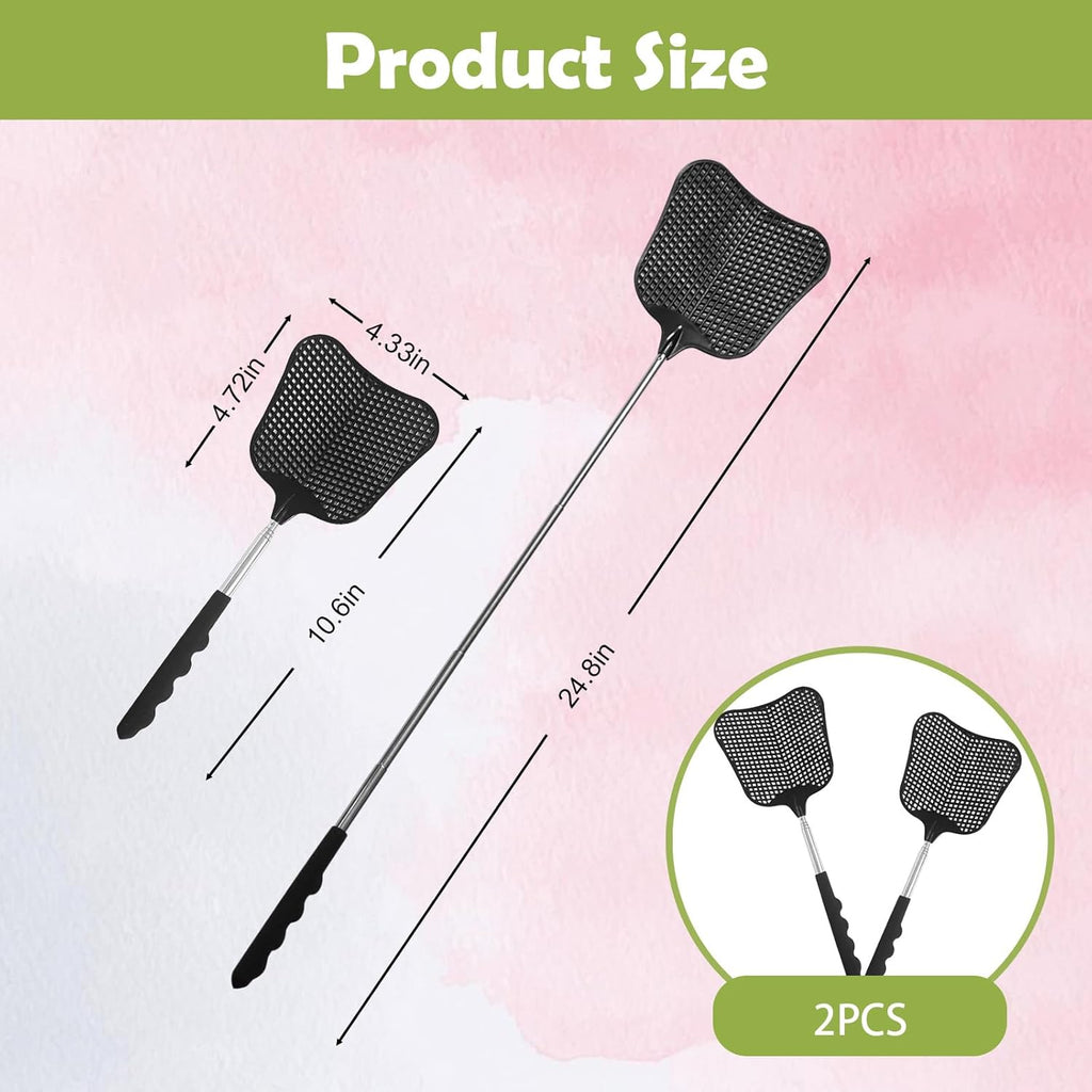 Fly Swatter Heavy Duty Set, with Durable Telescopic Stainless Steel Extendable Handles, for Home, Classroom, Indoor Outdoor Office, 2Pcs, Black
