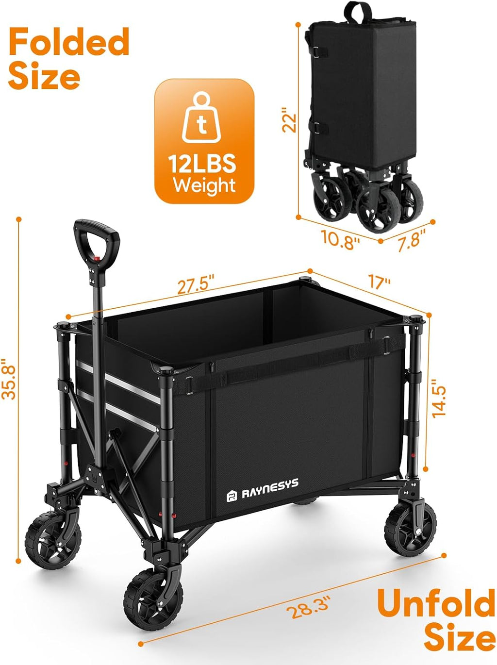 3 in 1 Collapsible Wagon Converts to Bench, 220lbs Foldable Wagon Cart with Wheels, 120L Shopping Cart for Groceries Folding Utility Wagon for Beach, Garden, Camping, Sport, Black