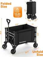 3 in 1 Collapsible Wagon Converts to Bench, 220lbs Foldable Wagon Cart with Wheels, 120L Shopping Cart for Groceries Folding Utility Wagon for Beach, Garden, Camping, Sport, Black