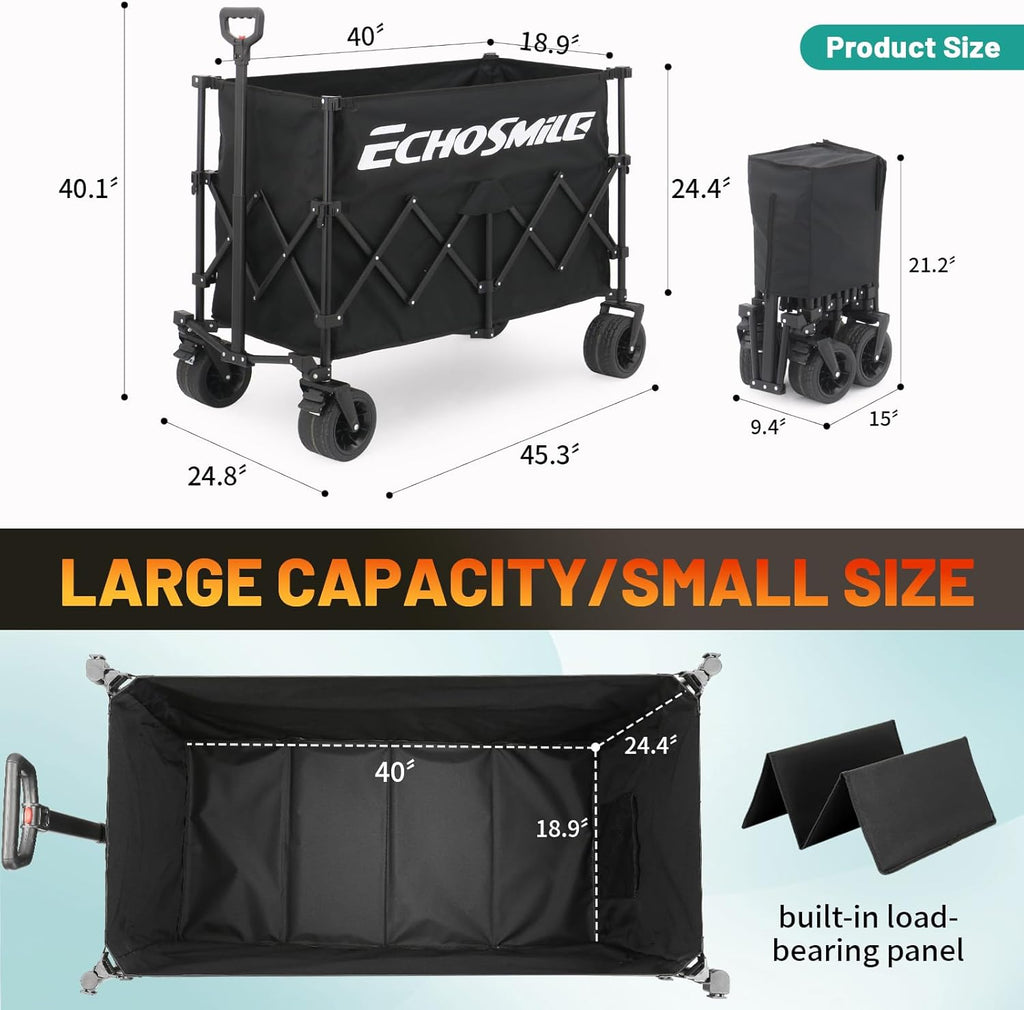 EchoSmile Collapsible Foldable Extended Wagon with 500lbs Weight Capacity, 300L Folding Utility Wagon Cart with Big All-Terrain Wheels for Beach,Sport,Gargen&Grocery,Black