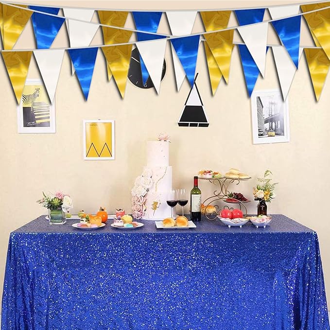 130FT Navy-Blue White Gold Triangle Pennant Banner Flag Metallic Fabric Bunting Garland for Christmas Graduation Retirement Birthday Wedding Bridal Shower Nautical Ahoy Achor Party Decorations Supply