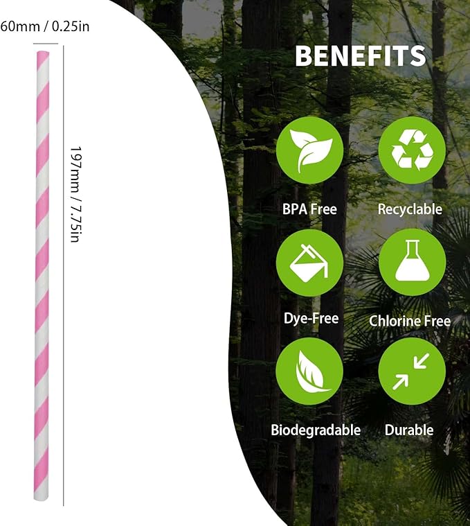 Disposable White and Pink Striped Paper Straws, Hot Pink Swirl Straw Pastel Princess Drinking Straws for Valentines Birthday Wedding Party Suppliers (7.75 Inches, Box of 100)
