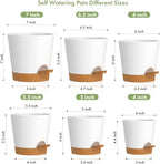 WSMKSZ 7/6.5/6/5.5/5/4 inch Self Watering Pots for Indoor Outdoor Plants, 6 Pack Plastic Flower Planters with Drainage Holes and Removable Saucers, Plant Pots with Wicking Rope, White Brown