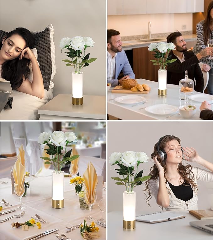 Flower Night Light,Touch Vase Lamp,Rechargeable Cordless Table Lamp,Home Decor Lamp for Dining Table/Bed Room/Bathroom/Closet,Gifts for Women/Mom/Girl, Artificial Roses Included