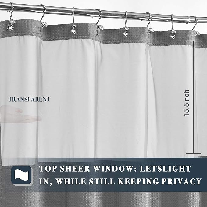 N&Y HOME Extra Long Waffle Weave Shower Curtain with Snap-in Fabric Liner Set, 12 Hooks Included - 71" x 84", Hotel Style, Mesh Top Window, Machine Washable & Water-Repellent - 71x84, Gray