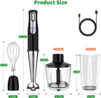 Cordless Immersion Blender Handheld, Rechargeable 4 In 1 Electric Hand Blender Stick Blender Variable Speed with Chopper, Beaker, Whisk, Stainless Steel Blade for Soup, Baby Food, Smoothies