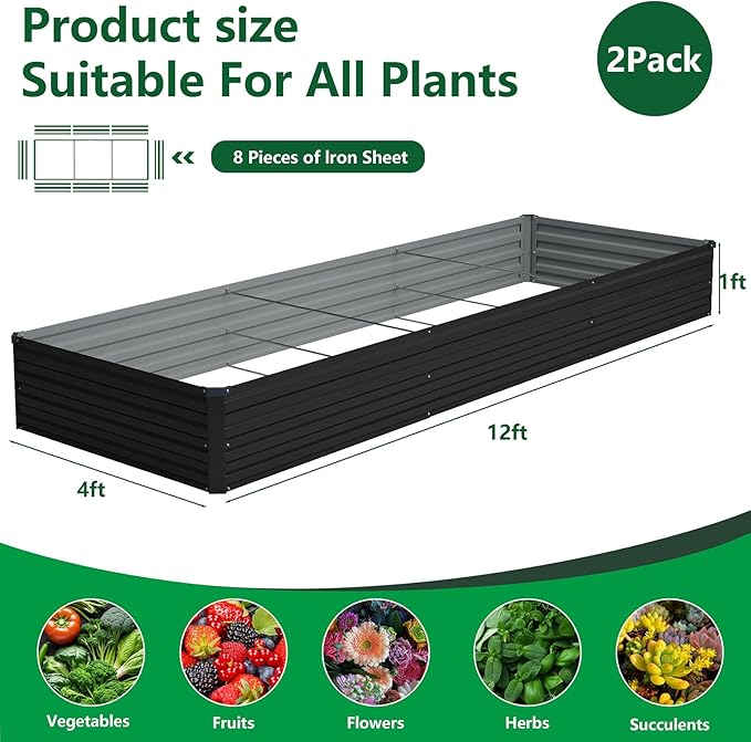 Vengarus 2 Pack 12x4x1FT Galvanized Raised Garden Bed Kit, Outdoor Metal Planter Box for Vegetables, Rectangular Steel Container, Easy Assembly (Black)