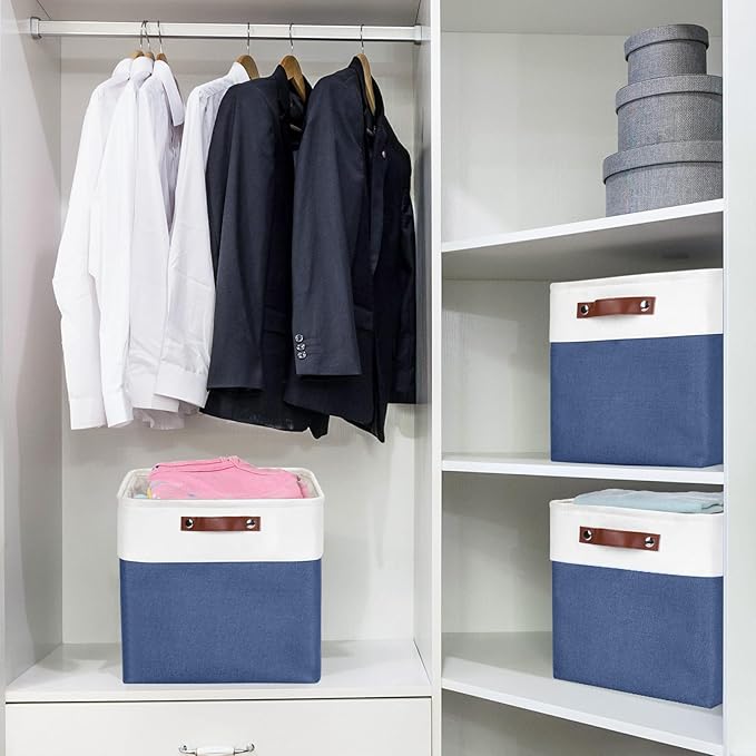 13x13 Cube Storage Bins, Collapsible Fabric Storage Box, 4 Pack Closet Baskets with Handles for Organizing, Shelf, Toys, Clothes, Home, Office, Nursery (NavyBlue&White)