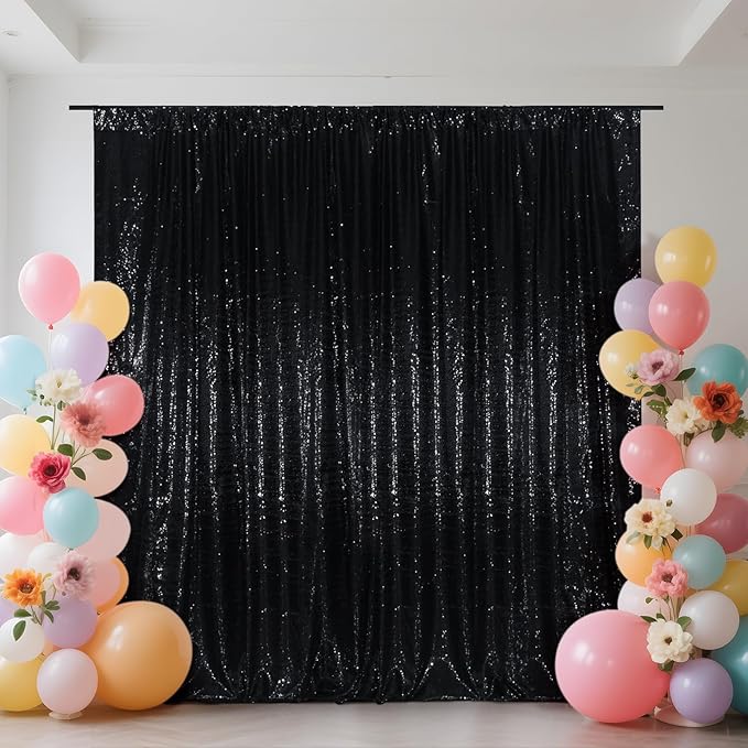 SquarePie Sequin Backdrop Curtain Less See Through Thick Glitter Background for Halloween Party 10FT x 10FT Black