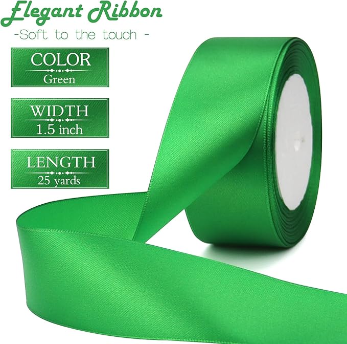 Green Solid Satin Ribbon 1-1/2 Inch 25 Yards Solid Polyester Fabric Ribbon for Gift Wrapping Wedding Christmas Baby Shower Birthday Party Decoration Handmade Immortal Flower Craft