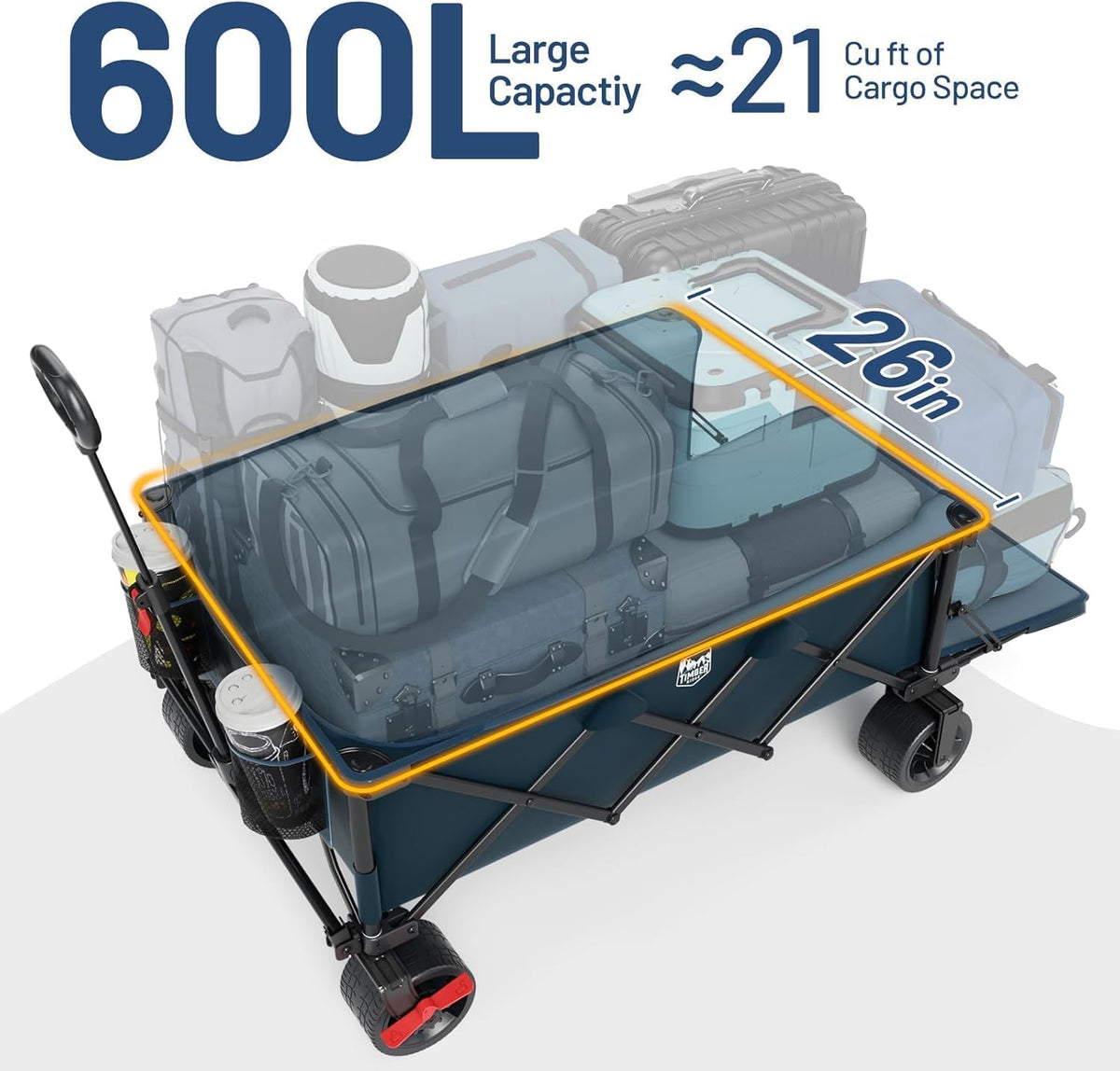TIMBER RIDGE 600L Beast Wagon 26" W Extra Wide All Terrain Folding w/Big Wheels, Cargo Net & Tailgate, 26" W and 55.25" L, 400lbs Heavy Duty Collapsible Portable Cart for Camping, Sports, Dogs, Blue