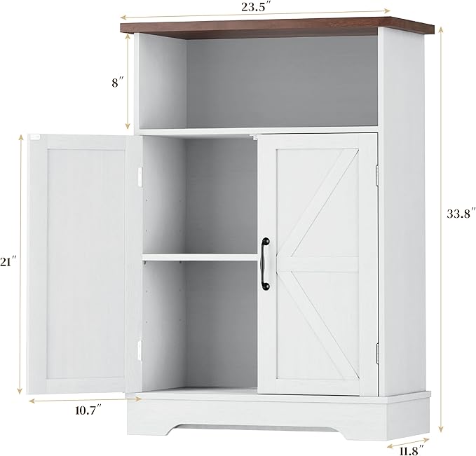 Smuxee Freestanding Cabinet Organizer, Farmhouse Style with Barn Door and Adjustable Shelf, White, for Bathroom, Kitchen, Living Room