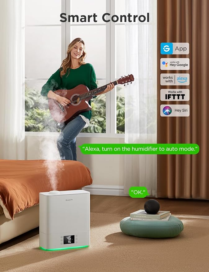 GoveeLife Smart Humidifiers for Bedroom Large Room, Top-Fill Cool Mist 6L WiFi Air Humidifier, Auto Mode, App & Voice Control, 60H Runtime, Rapid Humidification, RGB Nightlight Baby Plants, White