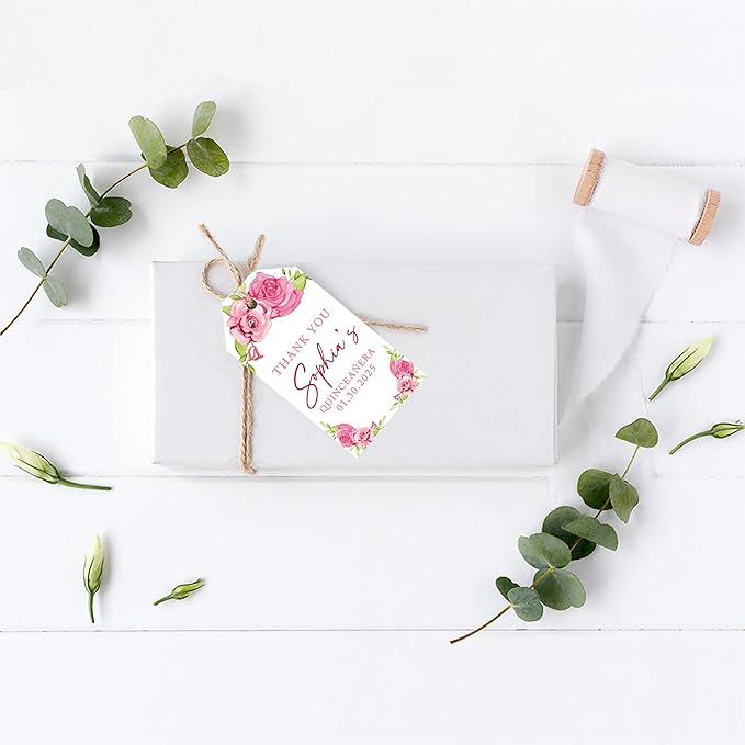 Andaz Press 40-Pack Personalized Quinceañera Favor Tags with String, Pink Roses Custom Classic Thank You Gift Tags for Quince Años XV 15th Birthday Favor Gifts, Quinceanera Decorations