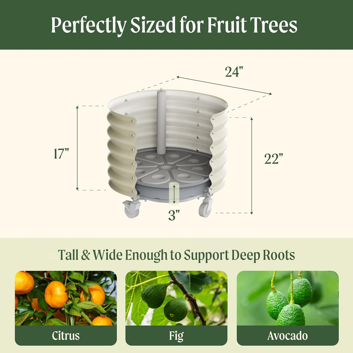 Rolling Metal Citrus Tree Planter, Self-Watering Round Planter Box for Porch Patio & Backyard, Raised Garden Bed with Wheels for Growing Trees Tomatoes Vegetables and Flowers, Single Pack-Olive Green