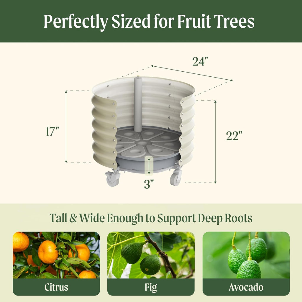 Rolling Metal Citrus Tree Planter, Self-Watering Round Planter Box for Porch Patio & Backyard, Raised Garden Bed with Wheels for Growing Trees Tomatoes Vegetables and Flowers, Single Pack-Pearl White