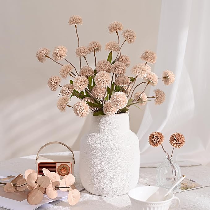 Waipfaru 10pcs Fake Silk Pompon Mum Artificial Flowers, Bulk Faux Mini Chrysanthemums with 2pcs Eucalyptus Stems, for Centerpieces Wedding Fillers Champagne Arrangements Boho Decor, No vase, Beige