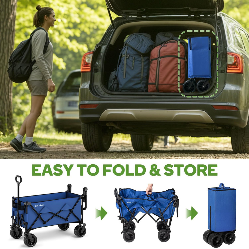 BEAU JARDIN Folding Push & Pull Beach Wagon 500 lbs Collapsible Foldable Wagons with Push Handle All Terrain Wheels Grocery Utility Camping Sports Garden Wagon Cart Blue