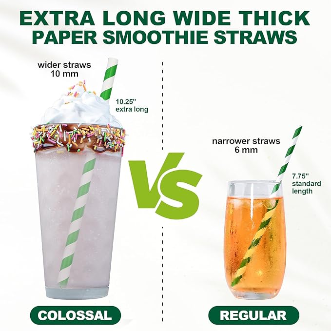 [10MM Wide] 10.25 Inch Extra Long Fat Sturdy Paper Drinking Straws for Smoothies, Milkshakes, Thick Frozen Drinks - 100 Counts, Colorful Stripes - Biodegradable