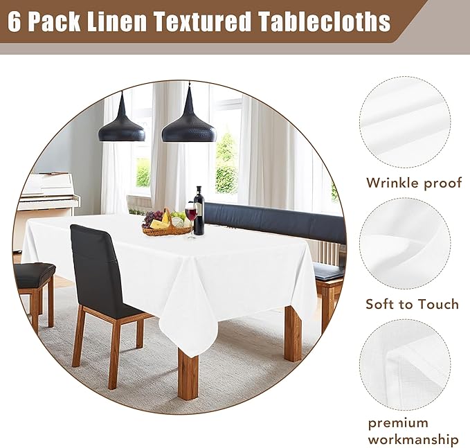 Fitable Faux Linen White Tablecloths for 6 Foot Rectangle Tables - 60 x 102 Inch - 6 Pack Fabric Textured Folding Table Clothes Faux Burlap Table Covers for Wedding, Party, Banquet, Birthday