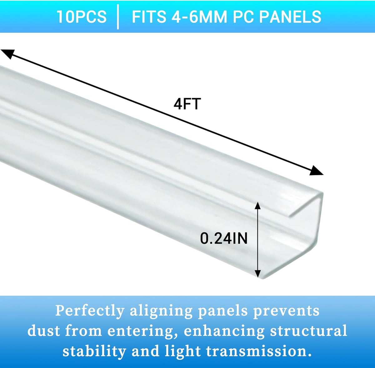 10 PCS Polycarbonate Greenhouse U Connector Profile 4ft Length Fits 0.16’’ & 0.24’’ Twin-Wall Polycarbonate Panels Duty Dust Rain & Moisture Protection Durabler (U-Clip 4' × 0.71’’ × 0.24’’)