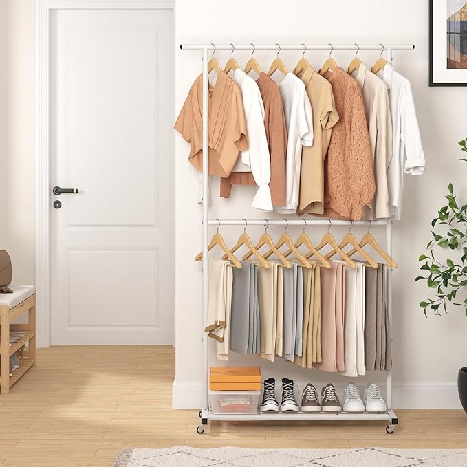Sywhitta Double Rod Clothing Garment Rack, Rolling Coat Hanger with Bottom Mesh, Clothing Rack for Hanging Clothes, Coats, Skirts, Sweaters, White