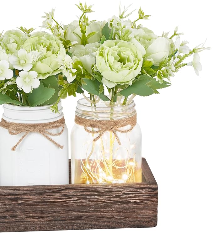 Mkono Mason Jar Lights Centerpiece Table Decorations for Dining Room Farmhouse Coffee Table Decor Wood Tray with 3 Jars Flowers for Kitchen Living Dining Room (Light Green)