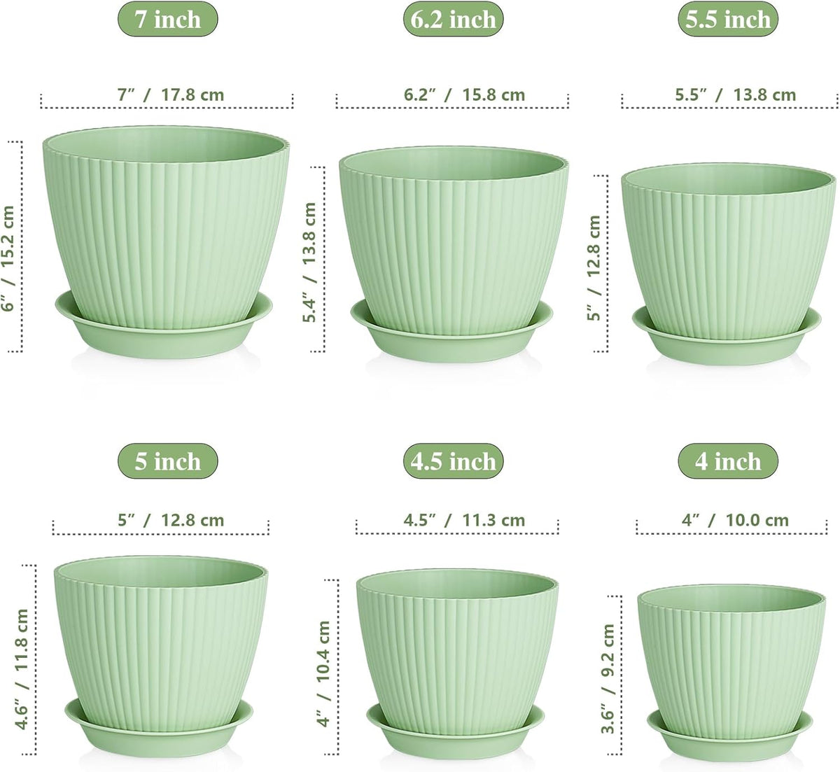 7/6.2/5.5/5/4.5/4 inch Plant Pots, 6 Pack Flower Pots for Small Indoor Outdoor Plants, Plastic Planters with Drainage Holes and Saucers for Garden Succulent House Plants, Green