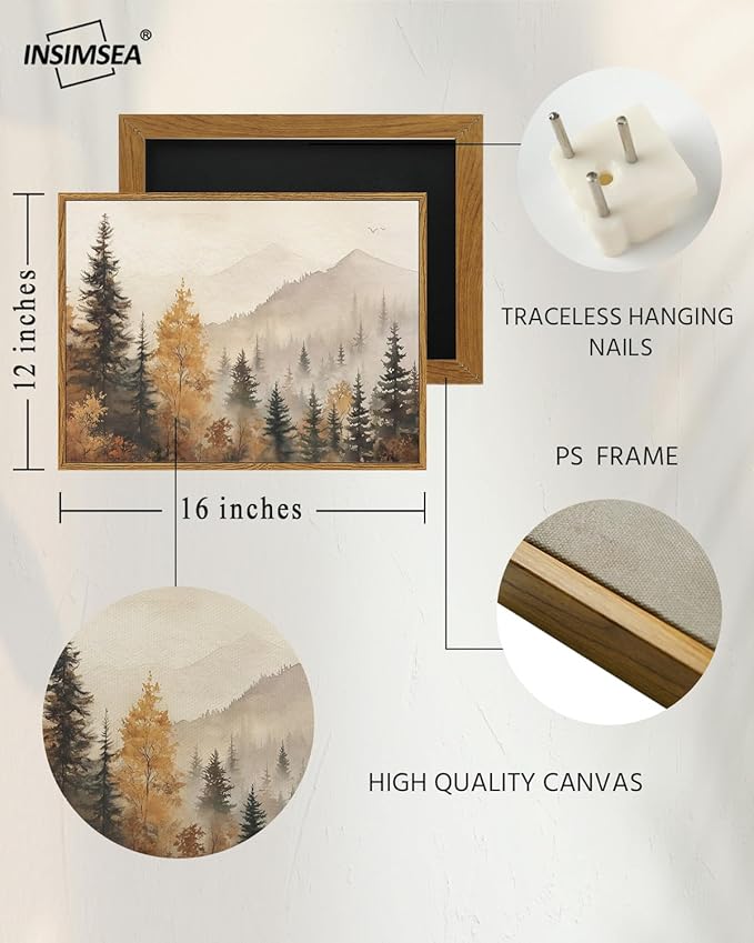 InSimSea Framed Canvas Wall Art Vintage Decor, Fall Trees Forest Wall Decor for Living Room Bedroom Office, Rustic Autumn Landscape Mountains Prints, Home Desk Decorations, 12x16inch