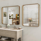 LOAAO 40X36 Inch Bathroom Mirror with Wood Grain Colored Metal Frame, Rounded Rectangle Metal Framed Bathroom Mirror, Anti-Rust, Hangs Horizontally or Vertically, Tempered Glass