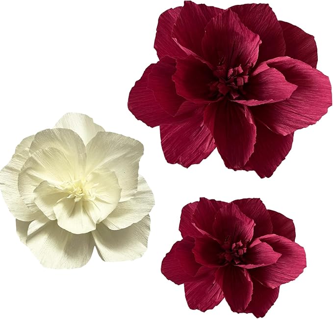 BRT Bearingshui Crepe Paper Flowers Decoration for Wall Total 9 Pcs, Artificial Flowers Backdrop for Wedding Decor Baby Bridal Shower Birthday Party, Burgundy Cream 3D Wall Flowers Decor