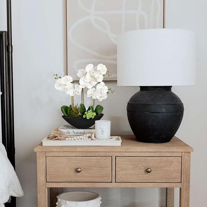 Briful Orchid Fake Flowers 17in White Artificial Orchid Silk Flowers in Black Pot Faux Orchid Arrangement for Home Office Bathroom Dining Table Modern Decoration