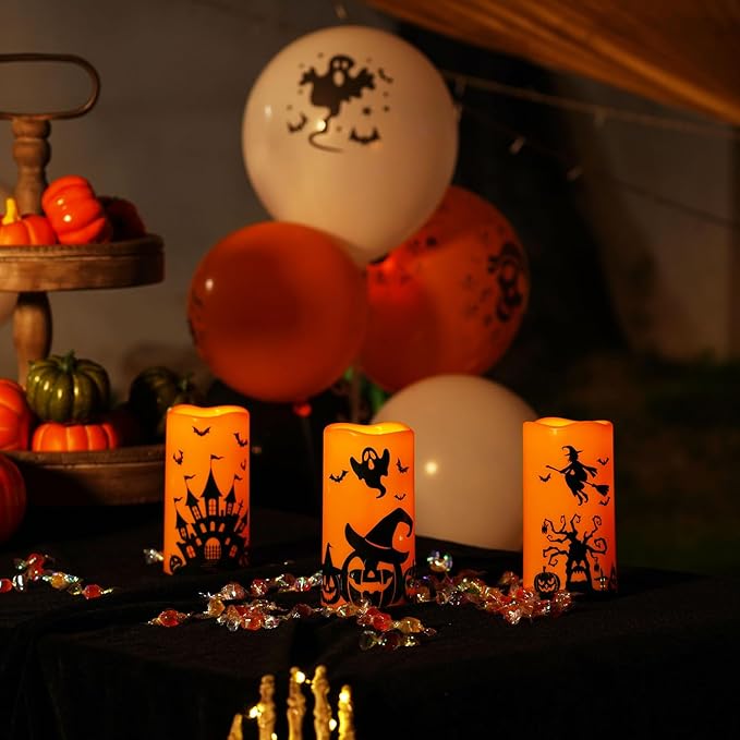 Homemory Halloween Candles, Orange Flameless Candles, Battery Operated Decals Plastic LED Pillar Candles with Remote Timers for Outdoor Day of The Dead, Halloween Spooky Decor, Waterproof, Set of 3