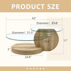 Glass Coffee Table, Modern Round Glass Coffee Table with Wooden Base, 3 Tier Round Coffee Table, Clear Cocktail Table with Storage for Living Room, Office, Balcony, Light Wood