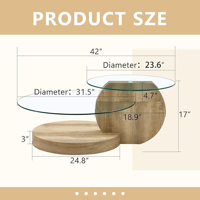 Glass Coffee Table, Modern Round Glass Coffee Table with Wooden Base, 3 Tier Round Coffee Table, Clear Cocktail Table with Storage for Living Room, Office, Balcony, Light Wood
